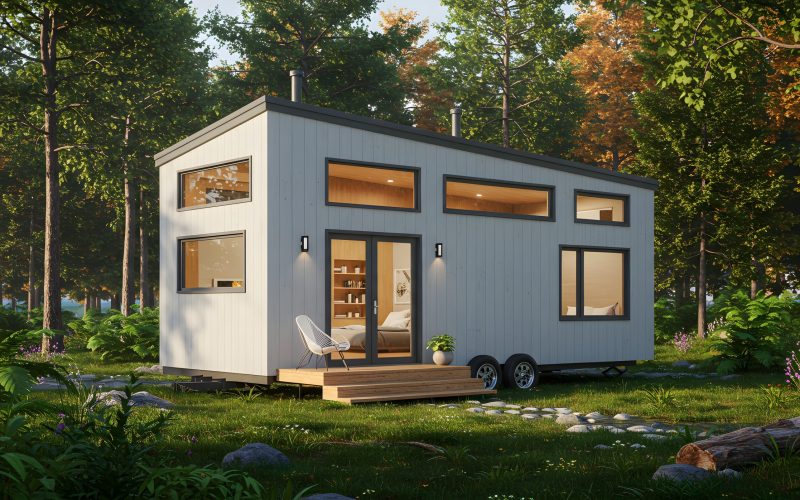 A stylish, modern tiny home set in a vibrant green forest, offering a peaceful retreat experience.