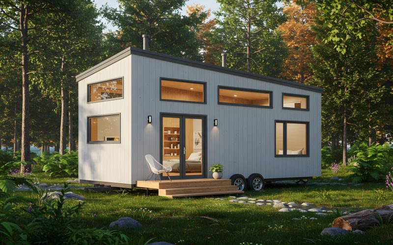 A stylish, modern tiny home set in a vibrant green forest, offering a peaceful retreat experience.